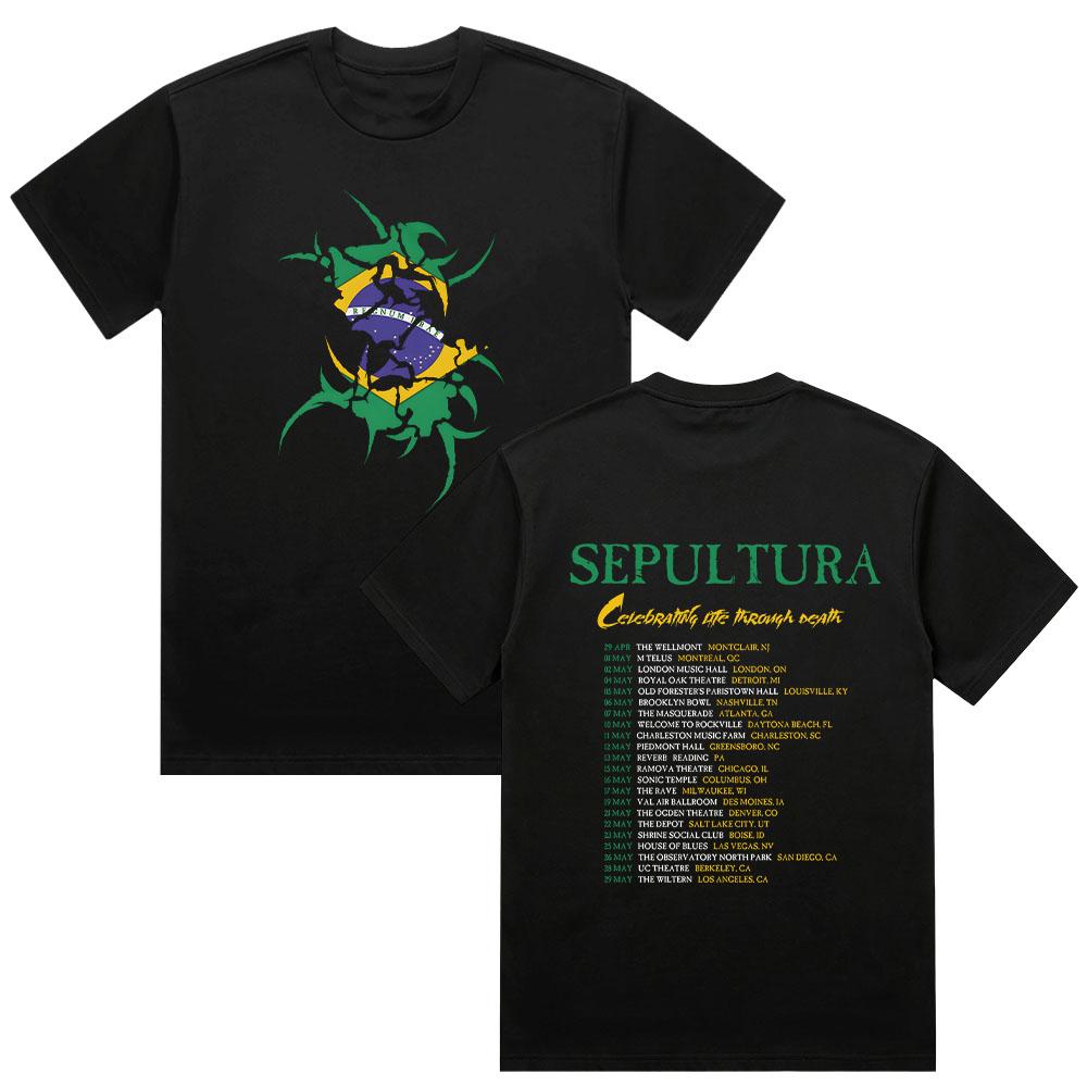 Spring 2026 North American Tour T-shirts Sepultura Band O-neck Short Sleeve Summer Cotton Tops Unisex Tee XS чёрный