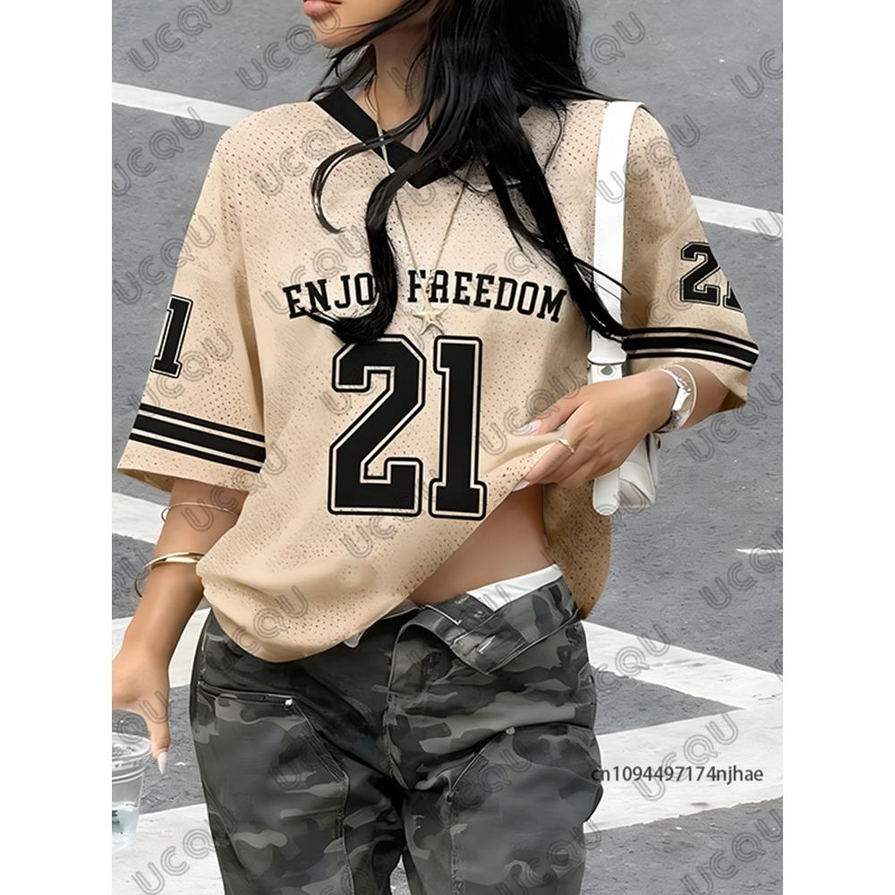 Summer New Black Enjoy Freedom 21 Print T-Shirt For Women V-Neck Short Sleeve Sports Football Jersey Y2K Loose Oversized Tops