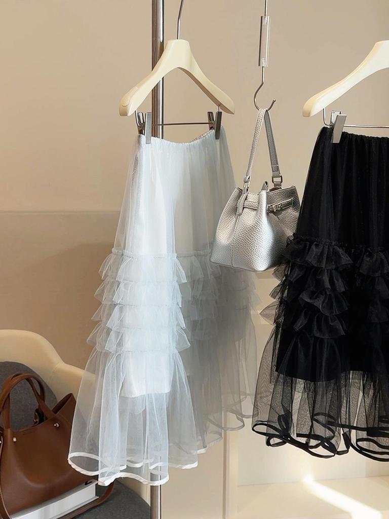 Spring/Summer 2026 Women's Korean Style Layered Ruffle Patchwork Midi Skirt