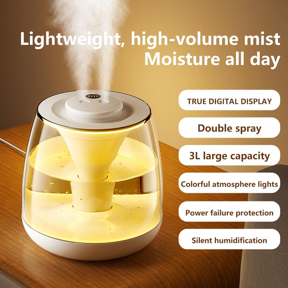 3-liter Dual Spray Humidifier with Silent Digital Display Humidity, Home Bedroom Colorful Atmosphere Light Aromatherapy Machine