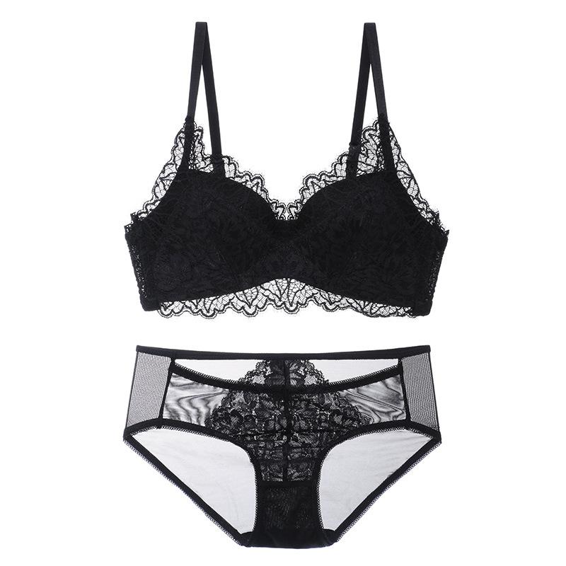 Sexy Pure Lace Small Breasts Gather and Lift the Chest To Prevent Sagging, Not Empty Cup, No Steel Ring Bra Set.