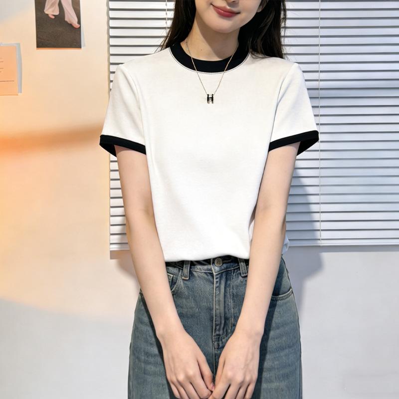 Two-tone round-neck short-sleeve t-shirt for women, 2026 new summer base shirt, slim-fit short top