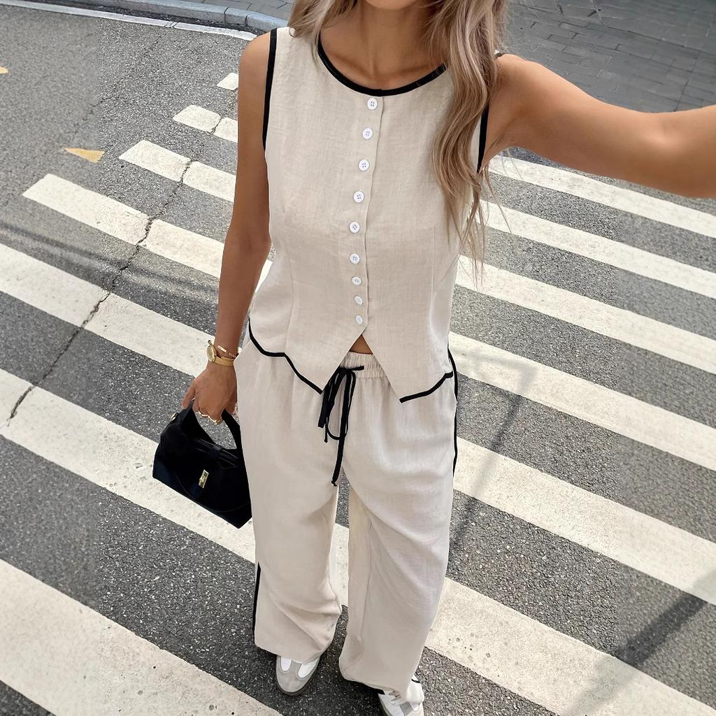 Women Daily Wear Sleeveless Top & Drawstring Wide Leg Pants Suit