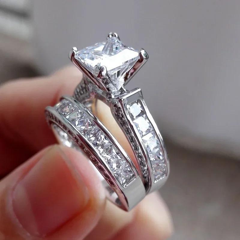 2Pcs/set Fashion Bridal Set Elegant Rings for Women Wedding Engagement Jewelry With Full Shiny Crystal Zircon Female Ring