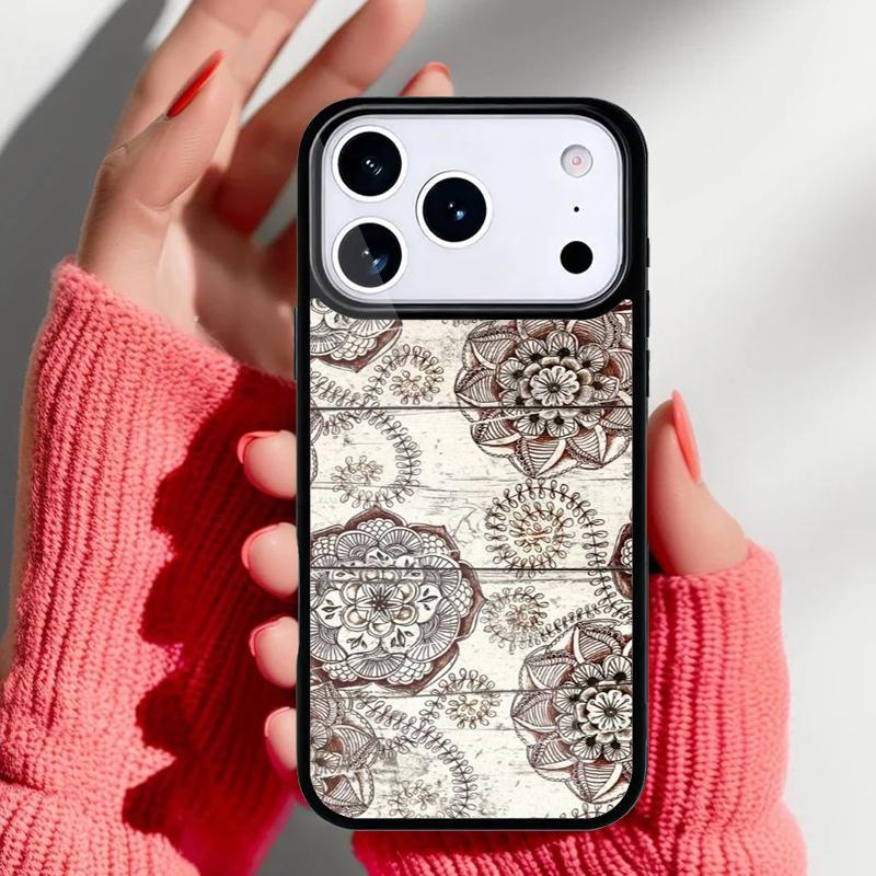 Mandala Floral Wood Phone Case for iPhone 17 16 15 14 13 Pro Max Back Cover for 12 11 Pro Coque