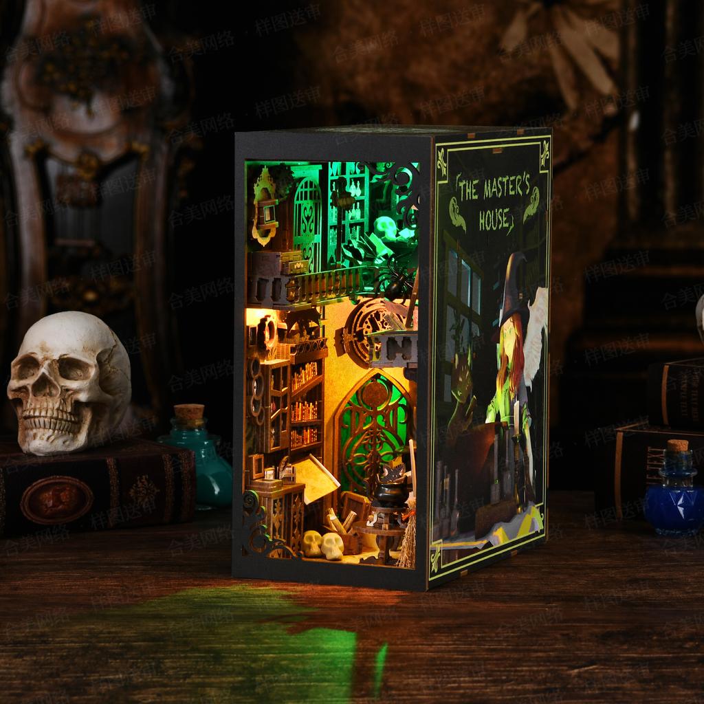 Sada Book Nook Miniatury Čaroděj DIY Dřevěné Puzzle Vložka do Knihovny Dekor Model Domku pro Panenky Knižní Zarážka Stavebnice Domácí Dekorace Dárky
