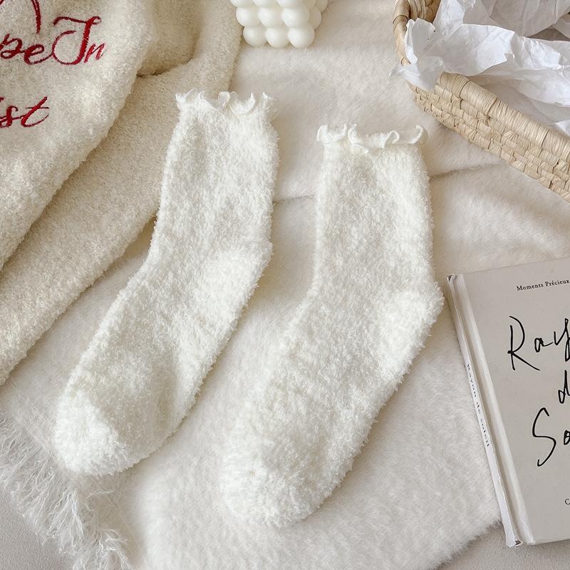 Fungus Edge Coral Fleece Socks Women'S Winter Warm Feet Thickened Warm Medium Tube Home Floor Socks Lace Solid Color Women'S Socks