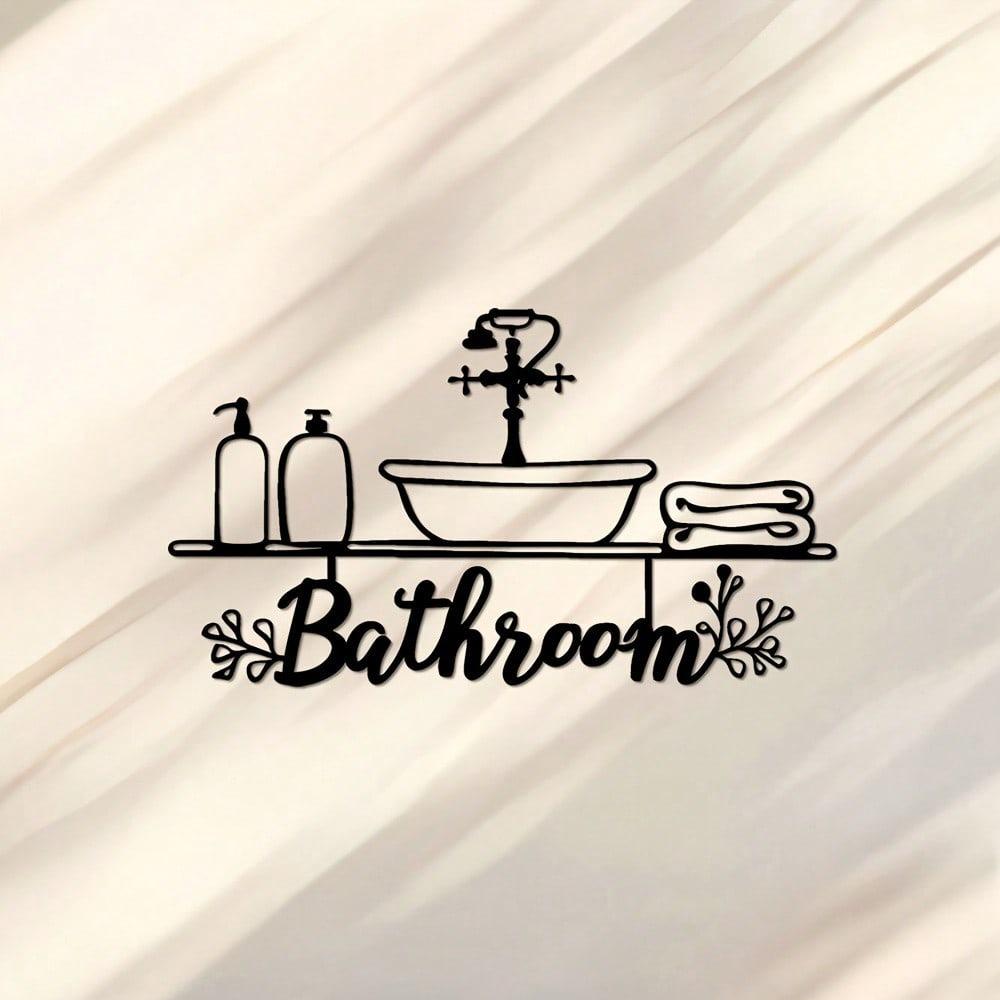 Black Iron Wall Art Sign Metal Bathroom Decor with Tub Toilet Towel Design