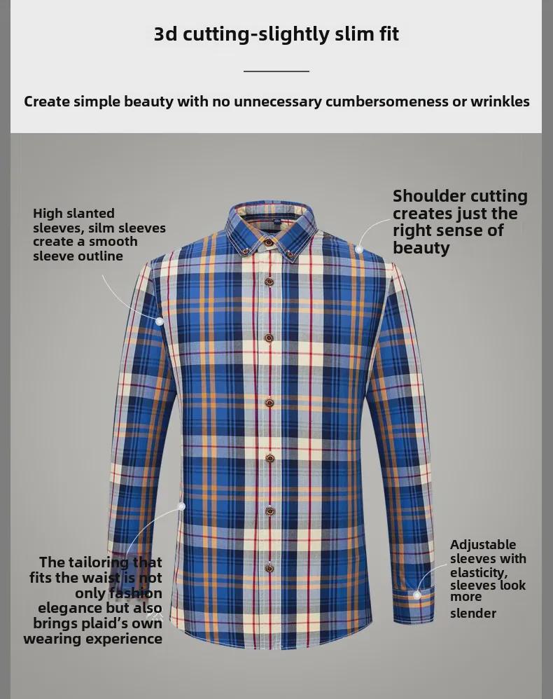Men's Slim Fit Non-Iron Plaid Cotton Shirt - Long Sleeve, Spring Casual Style