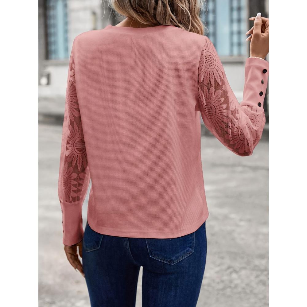 2024 Autumn Top European and American Solid Color Long Sleeve Embroidered Lace Splicing Waffle Round Neck Top Fashionabl Versatile