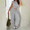 Women Two Piece Set Ruffle Sleeve Crop Top Wrap Waist Wide Leg Pants Casual Summer Matching Outfit