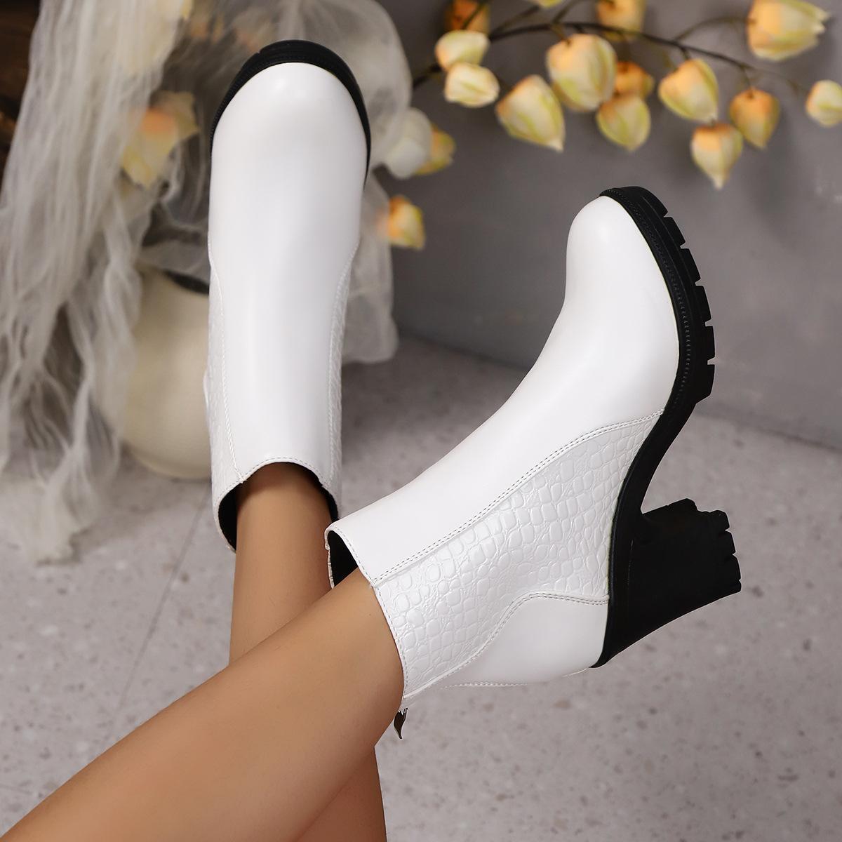 

Women s Ankle Boots Autumn Thick Heel High-heeled Short Boots with Zipper Splicing Plus Size Fashion Short Boots 35EU/CN36 білий