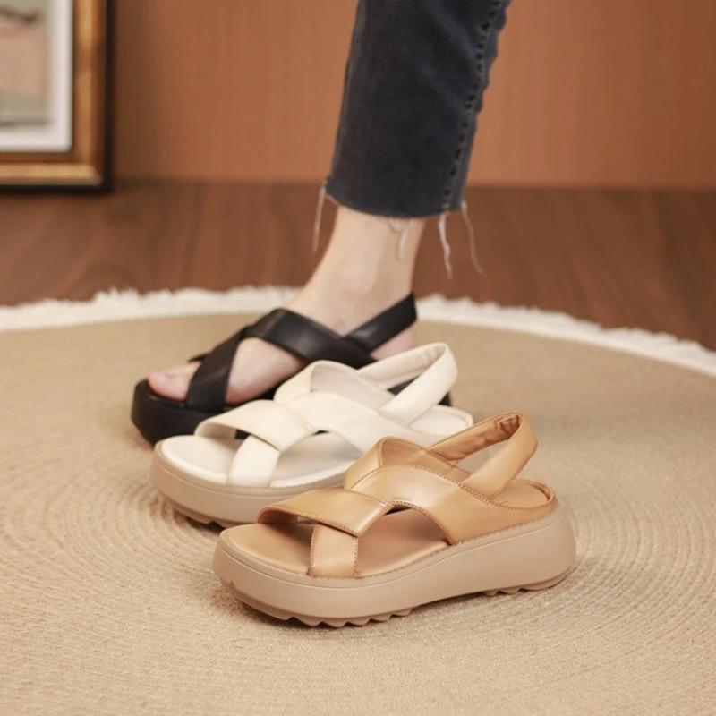 Été nouveau poisson bouche sandales femmes plateforme chaussures mère confortables plates rétro décontractées croisées romaines