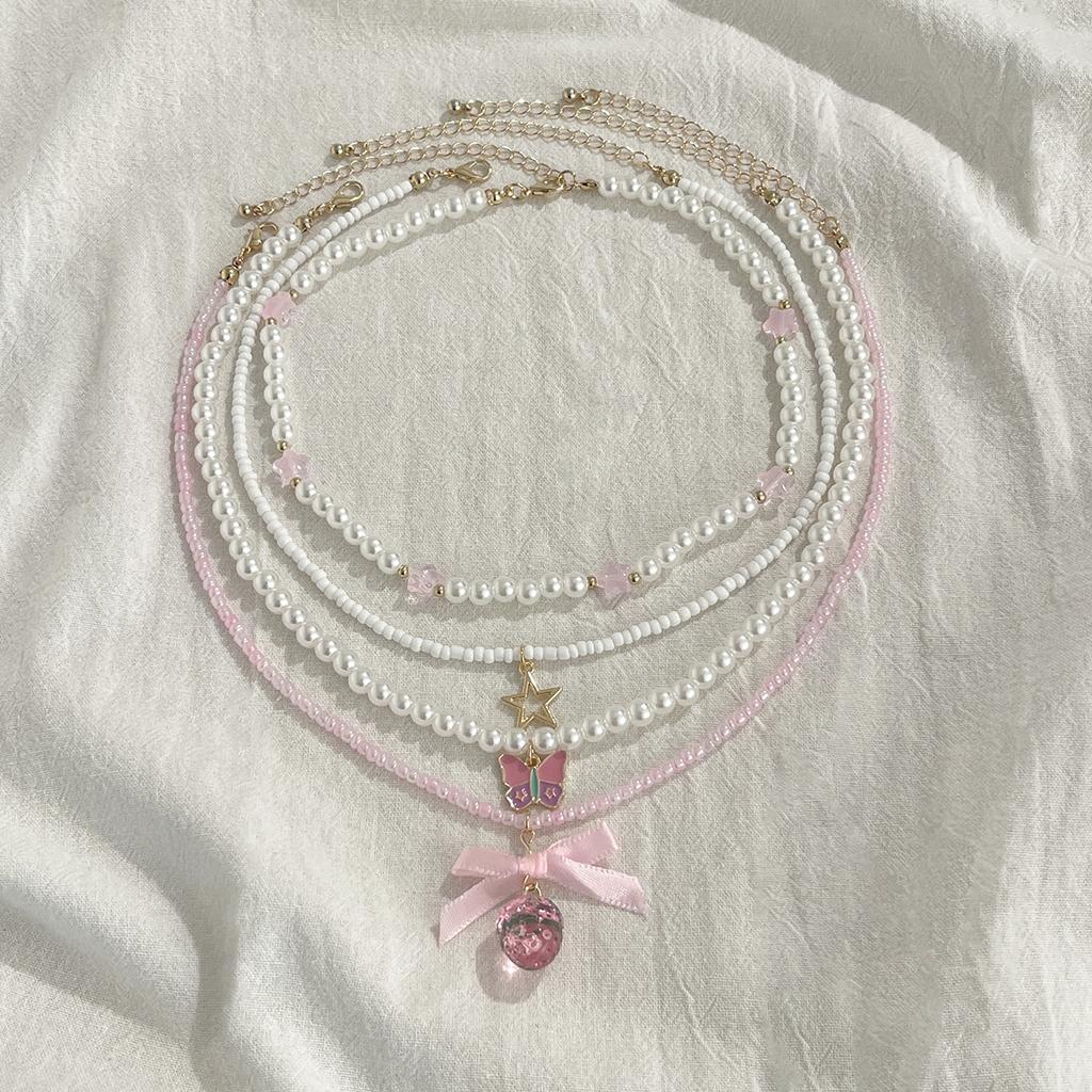 Salircon Romantyczny Uroczy Różowy Truskawkowy Kokardka Wisiorek Kobiety Naszyjnik Zestaw Elegancki Wielowarstwowy Imitacja Perły Choker Biżuteria