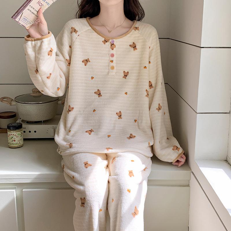 

Winter new warm fleece thickened coral fleece warm pajamas women s sweet printed flannel spot XL
