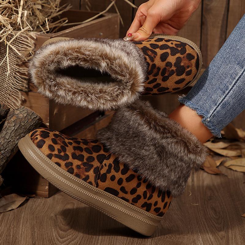 Sněhule s leopardím potiskem z umělé kožešiny Dámské Pohodlné Protiskluzové Teplé Plyšové Zimní Kotníkové Boty Žena Nadměrná Velikost 43 Nazouvací Krátké Kotníkové Boty