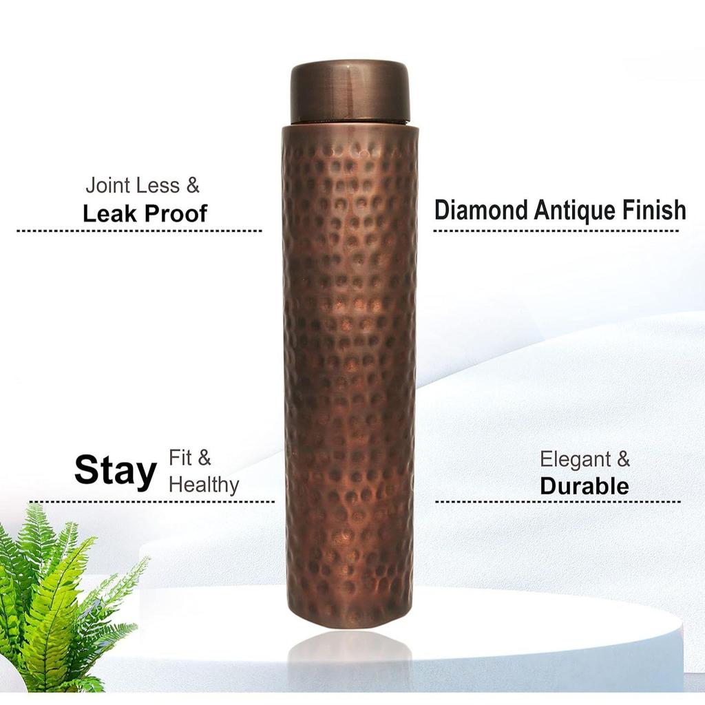 Pure Copper Rarity Curve Diamond Design Water Bottle with Advanced Leak Proof Protection and Joint Less With Antique Look |