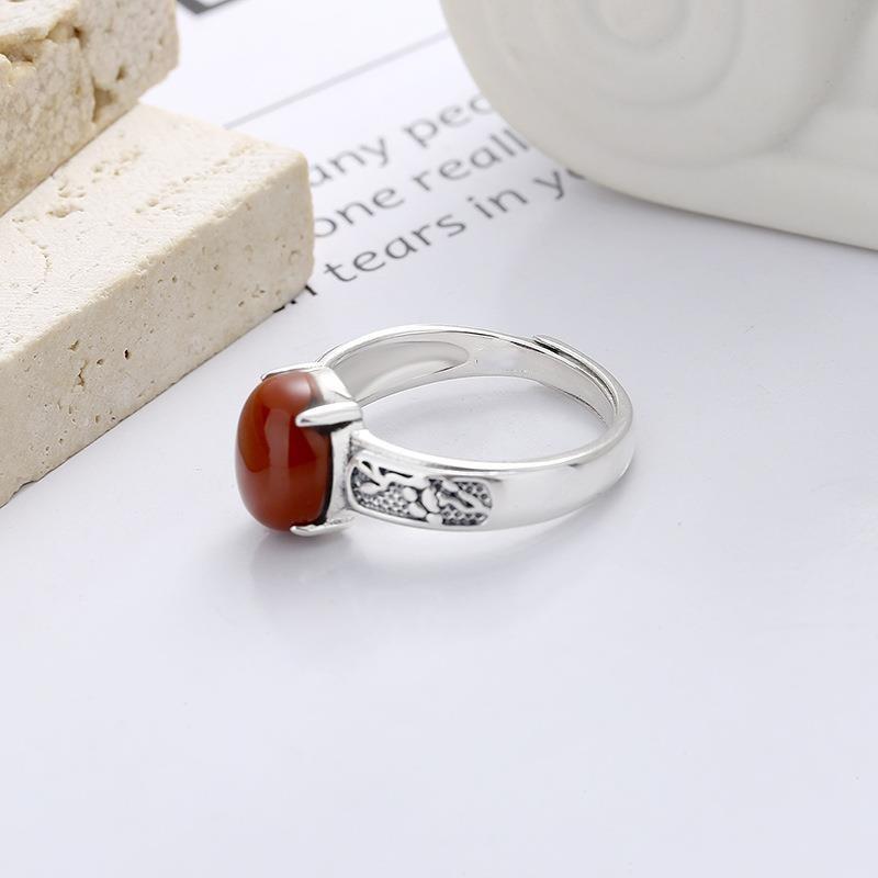 Adjustable Open Ring With Ethnic Totem Inlay Vintage Oxidized Copper Band Red Agate Accent Unisex Boho Statement Jewelry