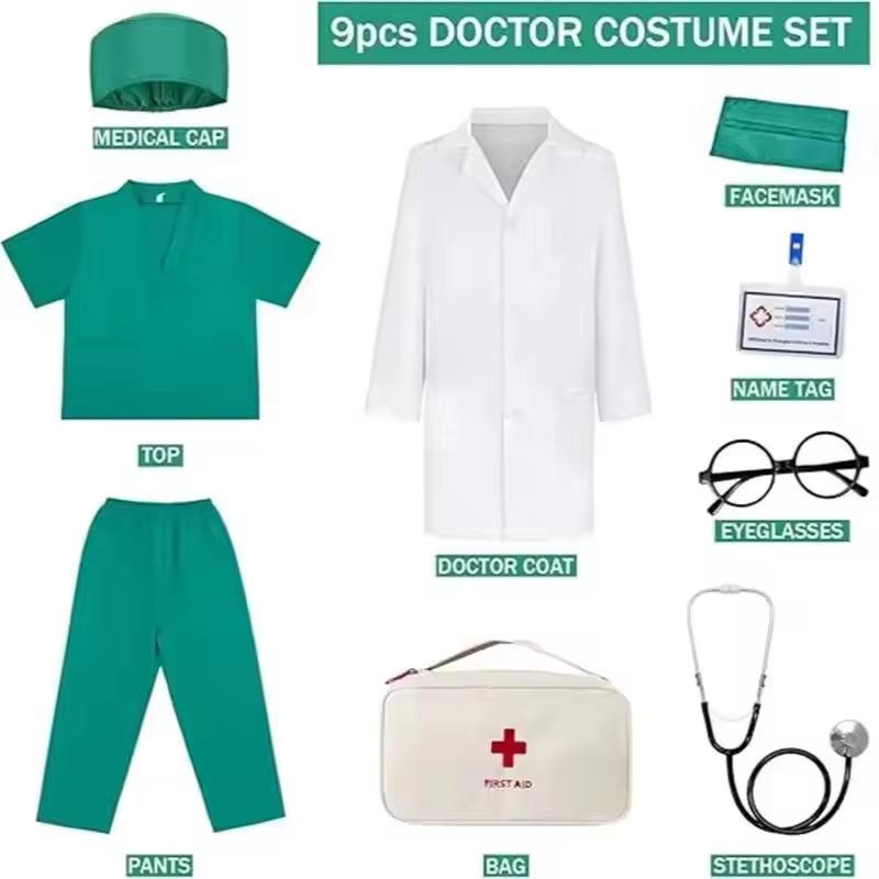 9pz Uniformi da Infermiere per Bambini e Bambine Camici Chirurgici Bianchi da Medico con Stetoscopio Costume per Festa di Carnevale dei Bambini