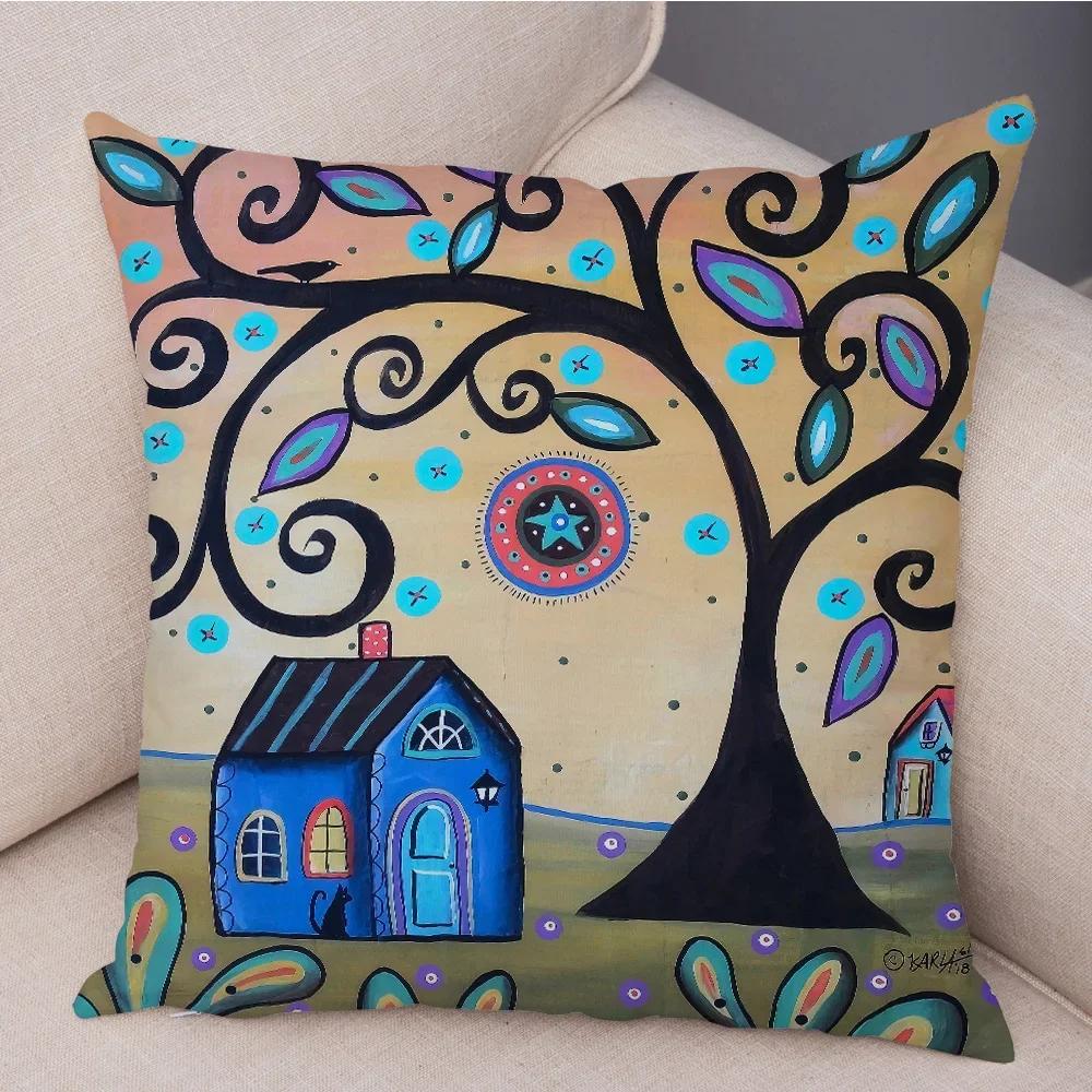 Colorful Cartoon Retro Rural Color Printed Pattern Home Cushion Cover Living Room Sofa Bedroom Decoration Pillowcase
