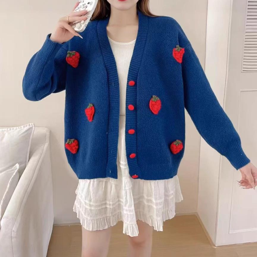 Autumn-Winter Strawberry Flower V-Neck Knit Sweater for Women