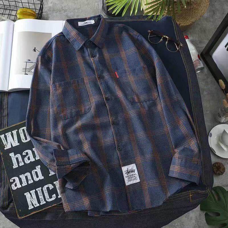 

«Рубашка с длинным рукавом в клетку унисекс в гонконгском стиле»: Модный, свободный крой, ретро-корейский стиль на все времена года. XL