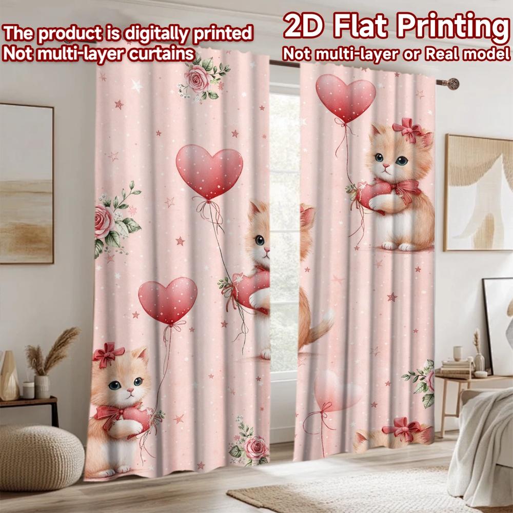 2D flat printing 2pcs Curtain Scene Curtain Valentine's Day Cute Kittens Digital Printed Polyester Drapes Festive Wall Decor for