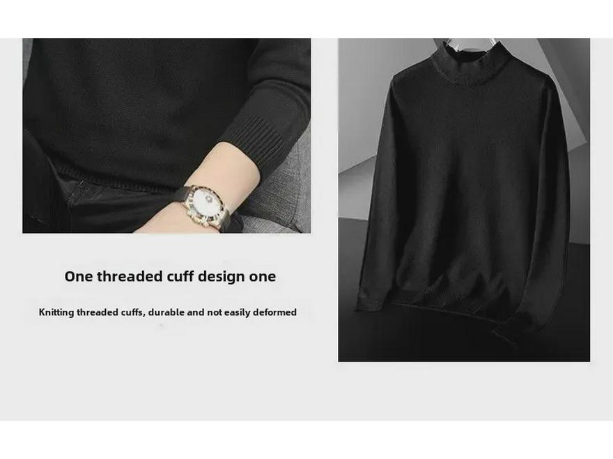 Men's Black Slim Fit Mid-Neck Knitted Sweater - Half Turtleneck for Autumn/Winter