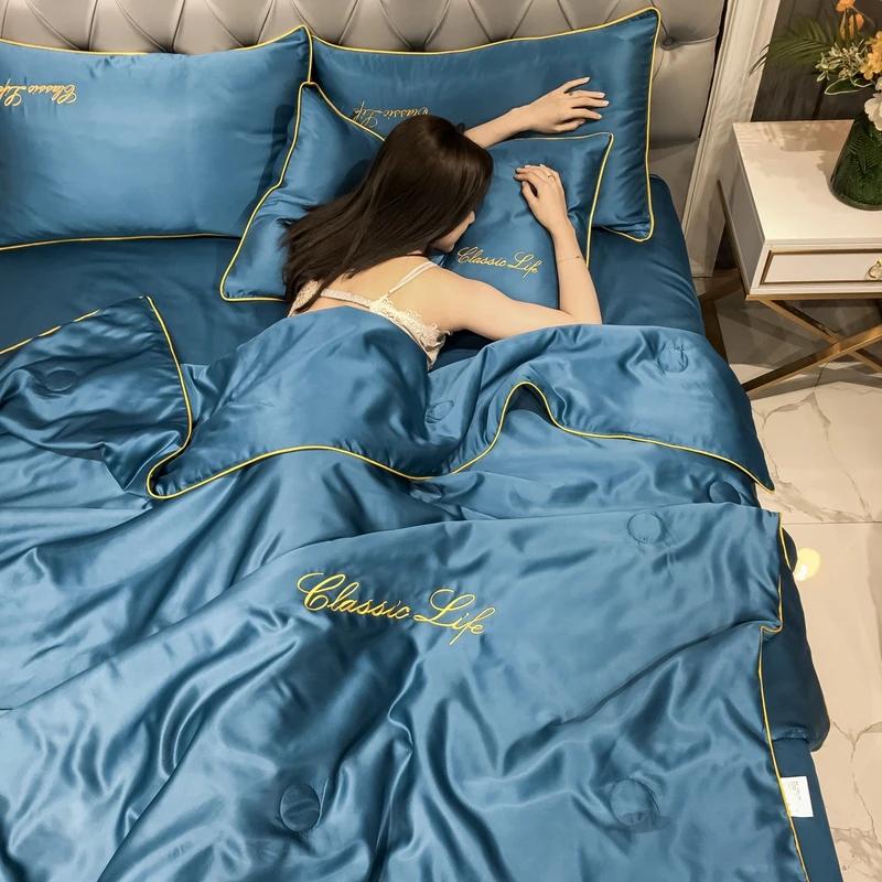 European Classical Solid Color Style Silk Summer Quilt Single KING QUEEN Size Cool Breathable Soft Skin-friendly