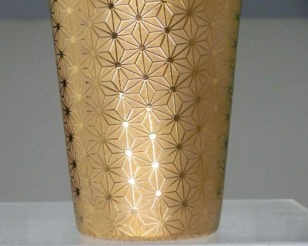 Asanoha Wooden Made in Japan J-kitchens Cup, Ultra-thin, Light-transmitting Tumbler, Gold, Pattern, Box, 370ml,