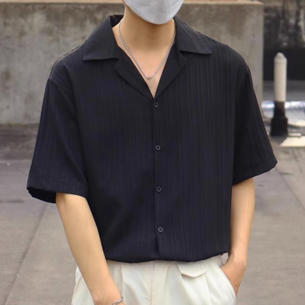 Spring Men Shirt Turn-down Collar Striped V Neck Loose Single-breasted Solid Color Baggy Loose Soft Breathable Short Sleeves Mal