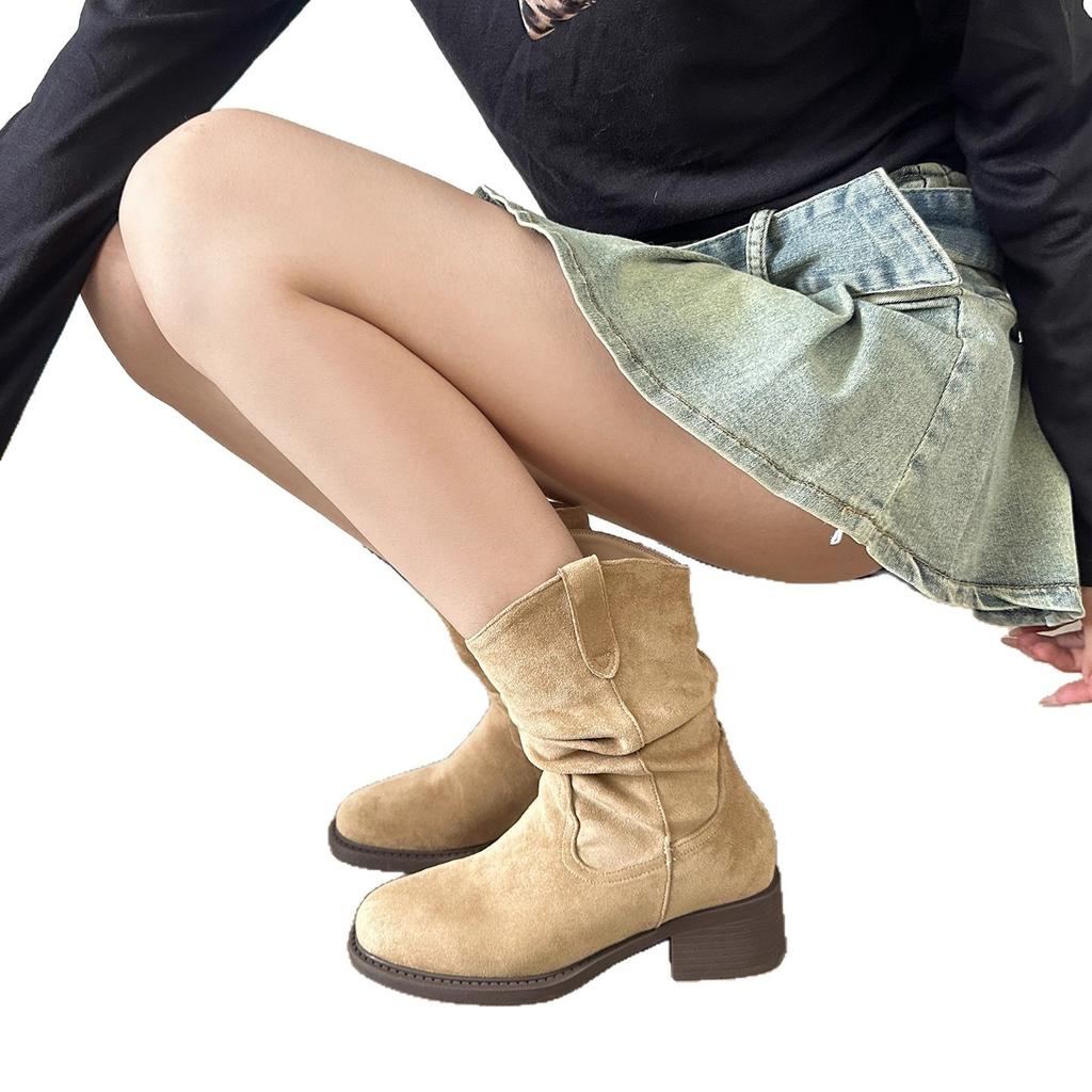 Sheepskin Version~ Inner Height Increase 8cm Maillard Martin Short Boots Women's Retro Thick Heel Knight Boots Sleeve Western Cowboy Boots