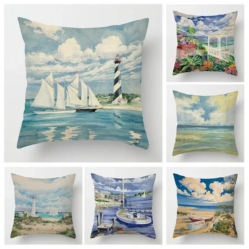 Beach landscape pattern throw pillow cover with short plush print for living room sofa decoration cushion cover pillow covers