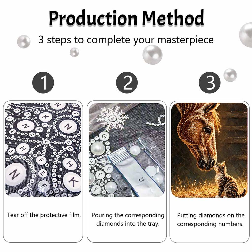 Horse and Cat Pearl Painting Kit with Frame Sparkling Bead Canvas Romantic Handmade Wall Decor for Animal Lover Gift for Women