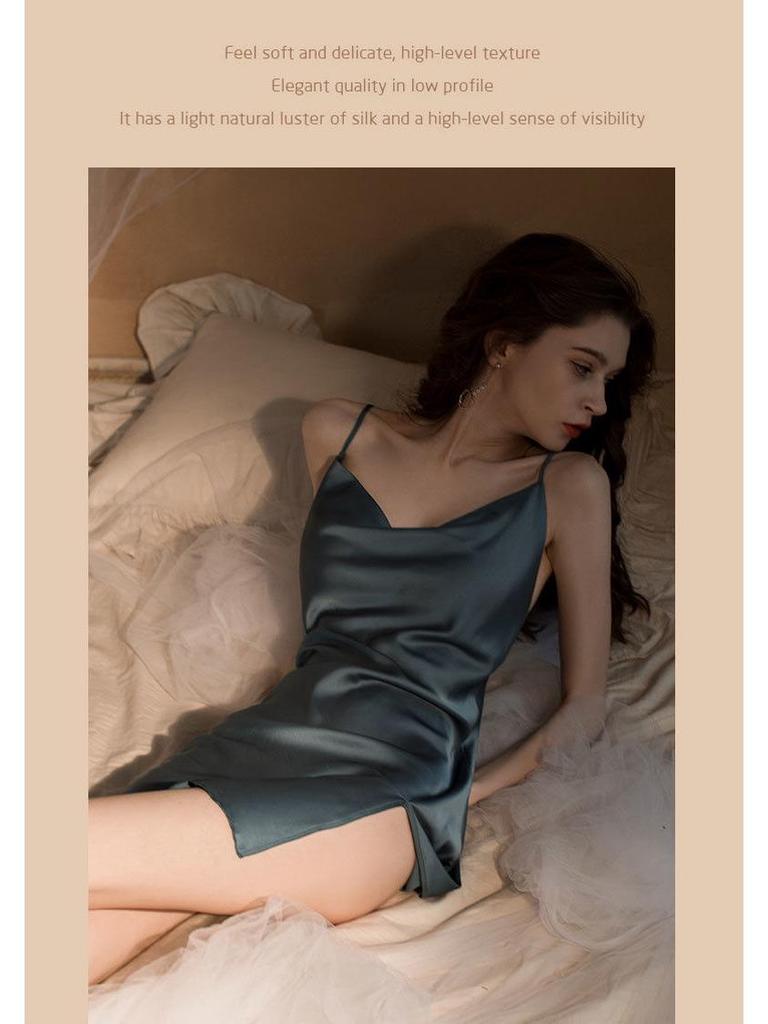 Women's Spaghetti Strap Silk-Style Nightgown - Solid Color Lingerie and Homewear for Spring/Summer