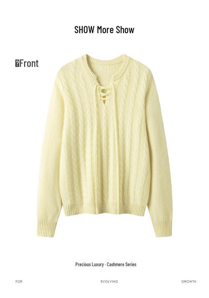 Lekasha Women's Cashmere Cable Knit Base Layer - Autumn/Winter, Seven-Gauge, Lace-Up, Loose Fit, Thick Round Neck.
