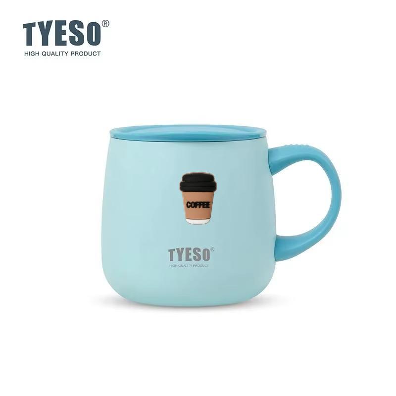 TYESO 355ml Double Wall Vacuum Insulated Mug with Ceramic Coating Inner One-Handed Open Lid Coffee Cup for Hot Cold Drinks with Coffee Sticker