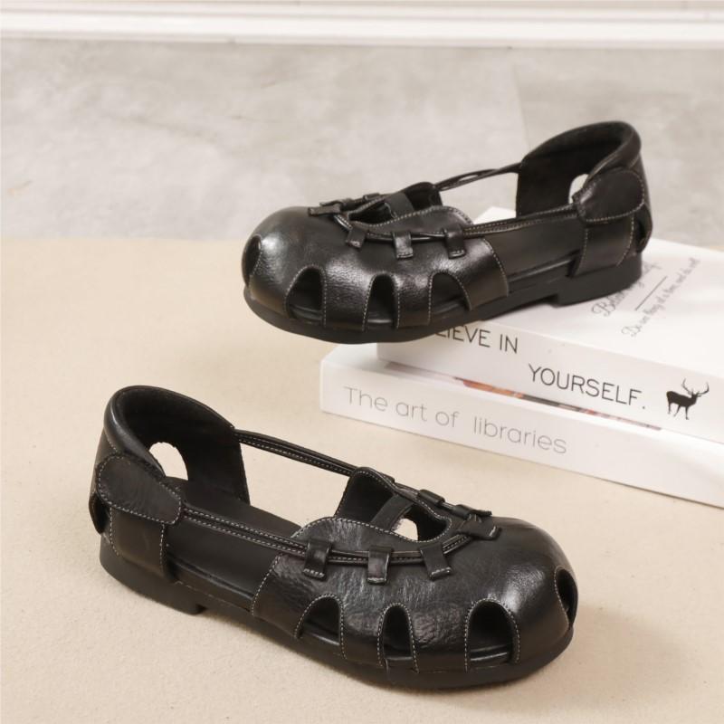 Johnature High Quality Genuine Leather Sandals Cowhide Peep Toe Flat Heel Soft Sole Retro Women's Shoes