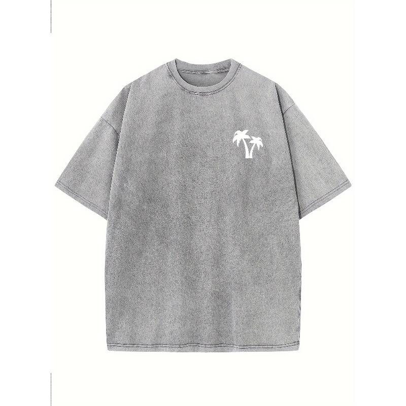 European sizes Coconut Tree Pattern Print Oversized Drop Shoulder Washed Men's Retro Street Basic Loose Hip-Hop Unisex T-Shirt