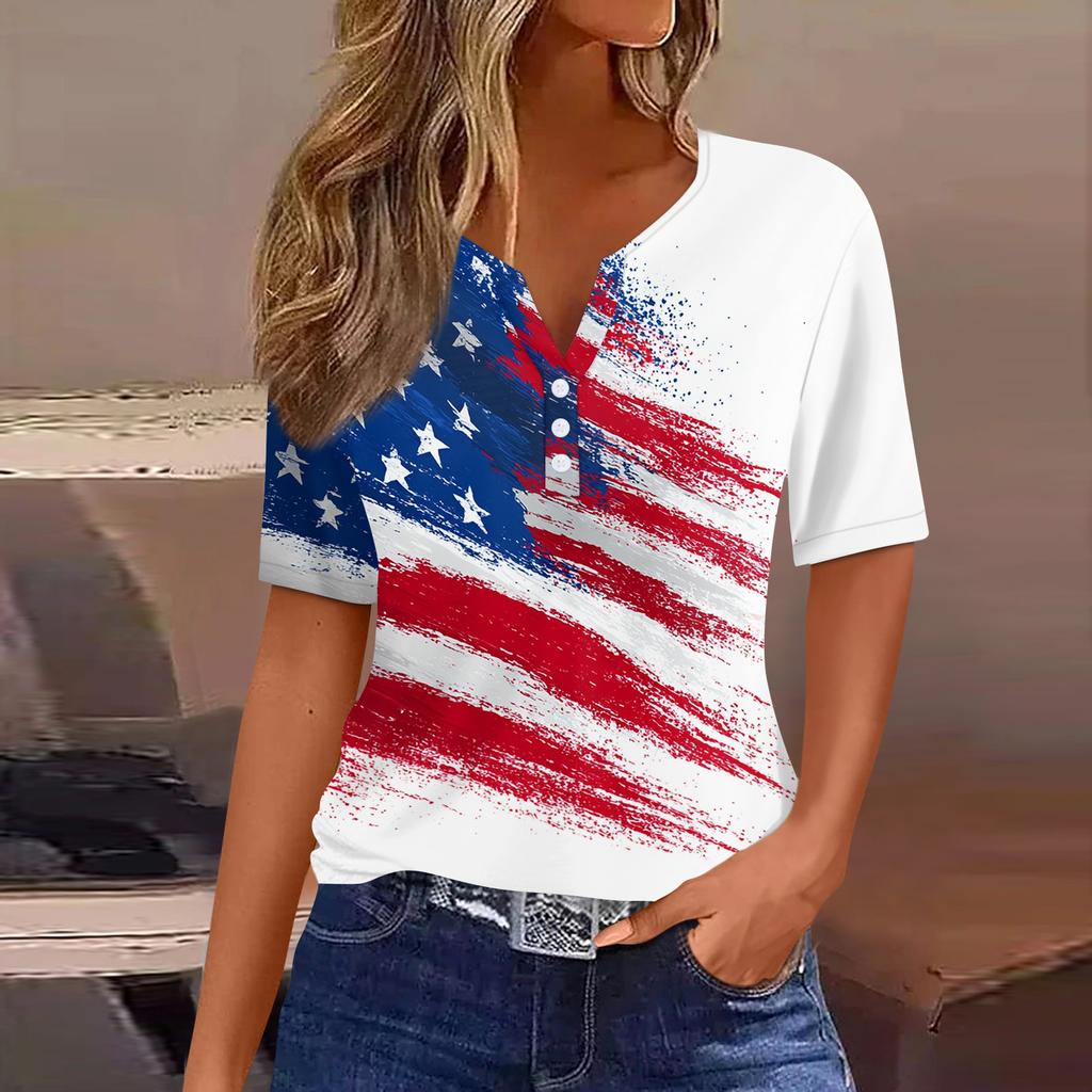 Women's T Shirt Independence Day Print Button Short Sleeve Daily Weekend Fashion Basic V- Neck Regular Top