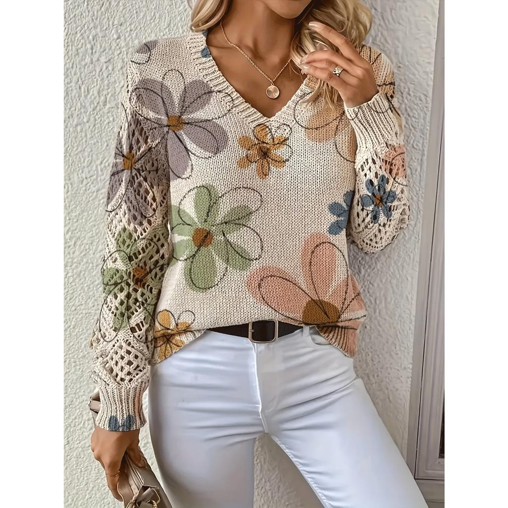 Elegant Autumn and Winter, Bohemian, Western-style Versatile Pullover V-neck Long Sleeved Women's Top, Trendy Women's Knitted Sweater