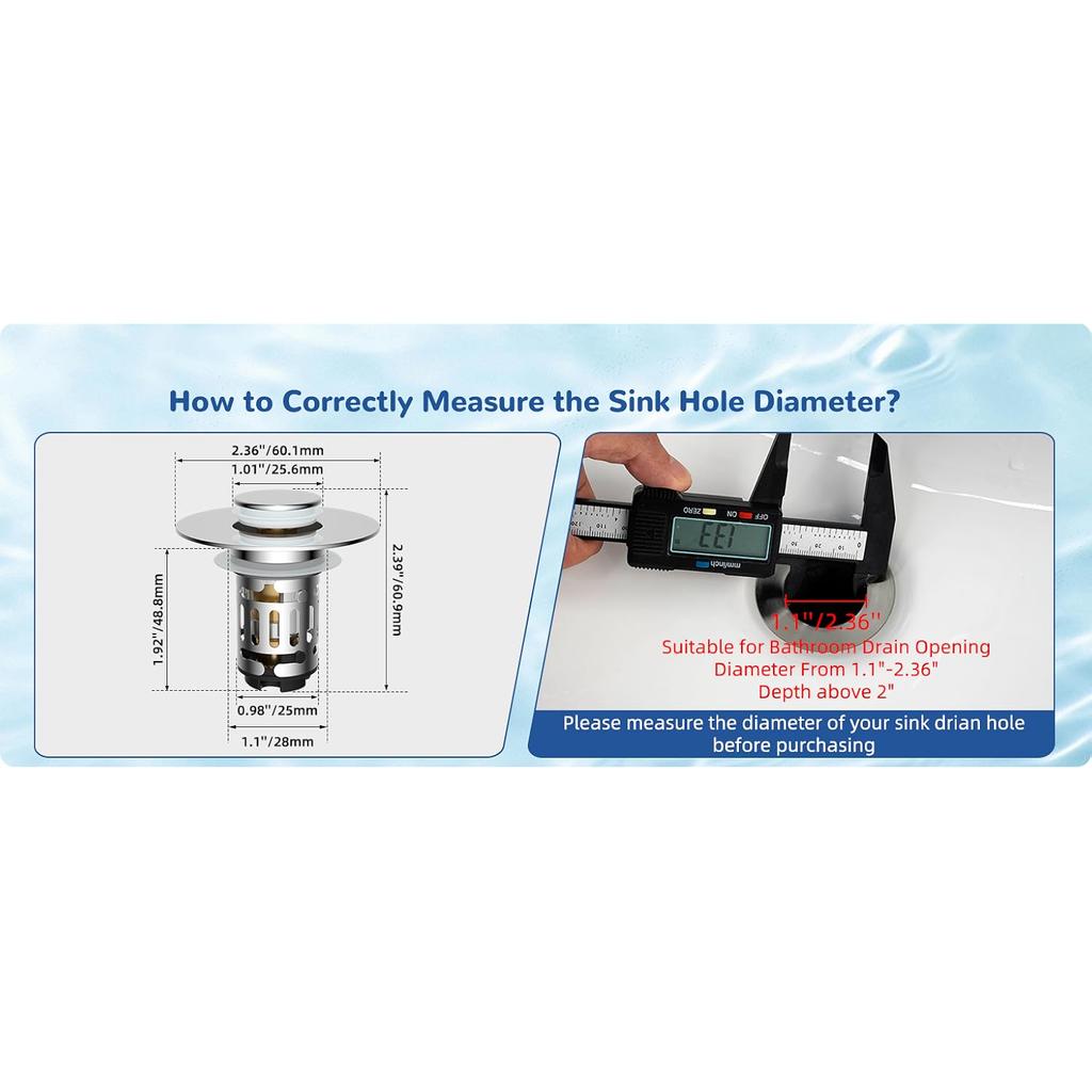 Upgraded 3 in 1 Bathroom Sink Drain Strainer, Universal Pop Up Stopper with Stainless Steel Hair Catcher Filter, Brass Core Chrome for 1.1''-2.36'' Ba
