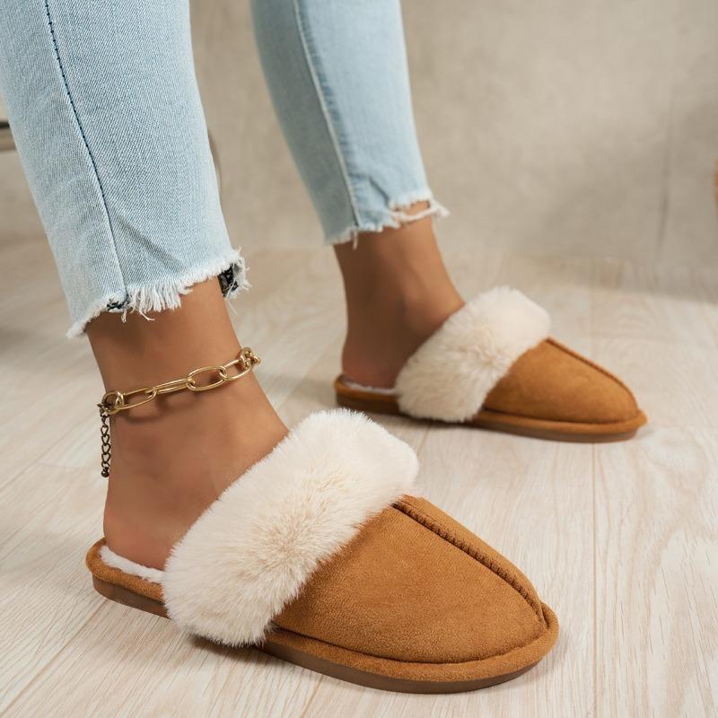 Fall/Winter Solid Color Deerskin Fleece Large Wool Warm Cotton Slippers Round Toe Deep Mouth Soft Sole Non-slip Flats