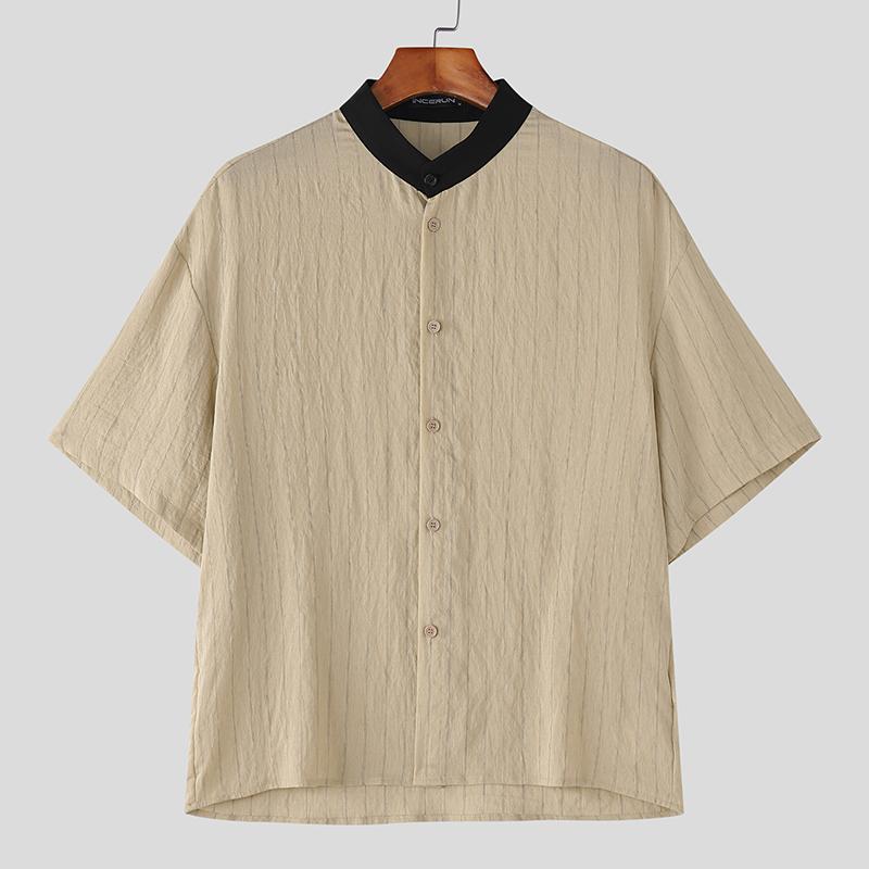 

INCERUN Мужские повседневные рубашки с коротким рукавом и полосками, сшитые внахлест, без воротника M абрикосовый