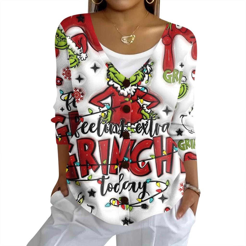 Women's Fashion Casual Knit Sweater Button-Up Christmas Print Cardigan Jacket