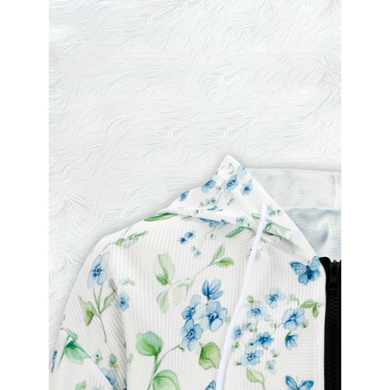 Fresh Botanical Floral Butterfly Print Zip Hoodie for Women – Lightweight Drawstring Hooded Jacket