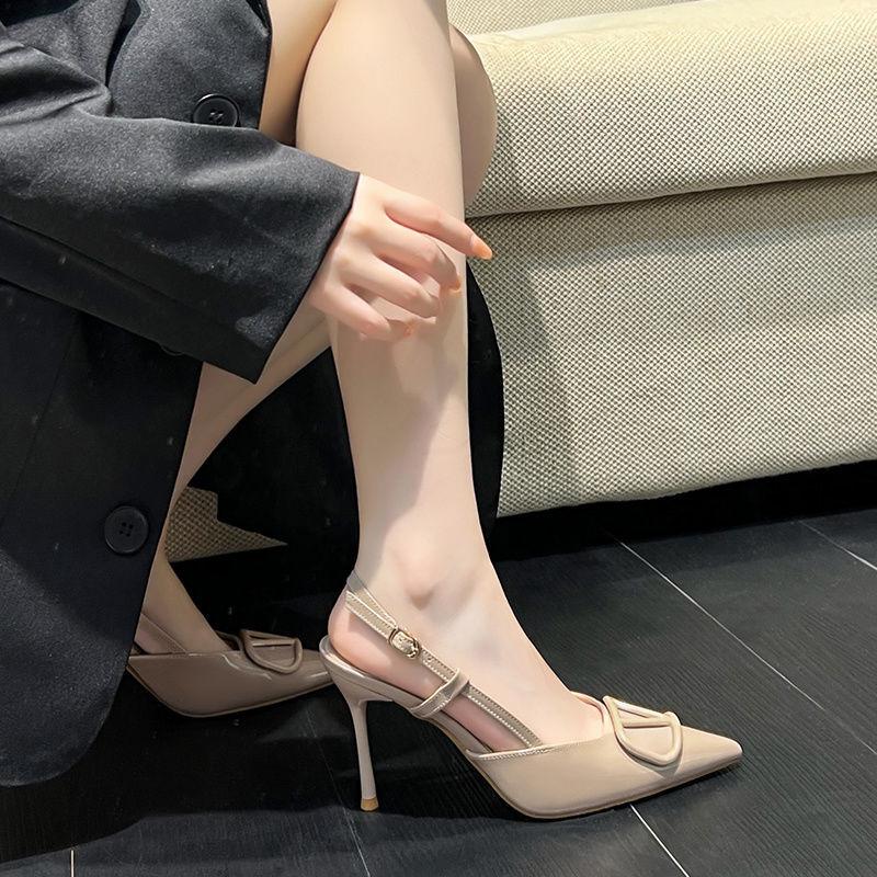 Baotou V-Buckle Nude Women's Sandals - 2024 French Spring Collection, Pointed Toe, One-Strap Stiletto High Heels.