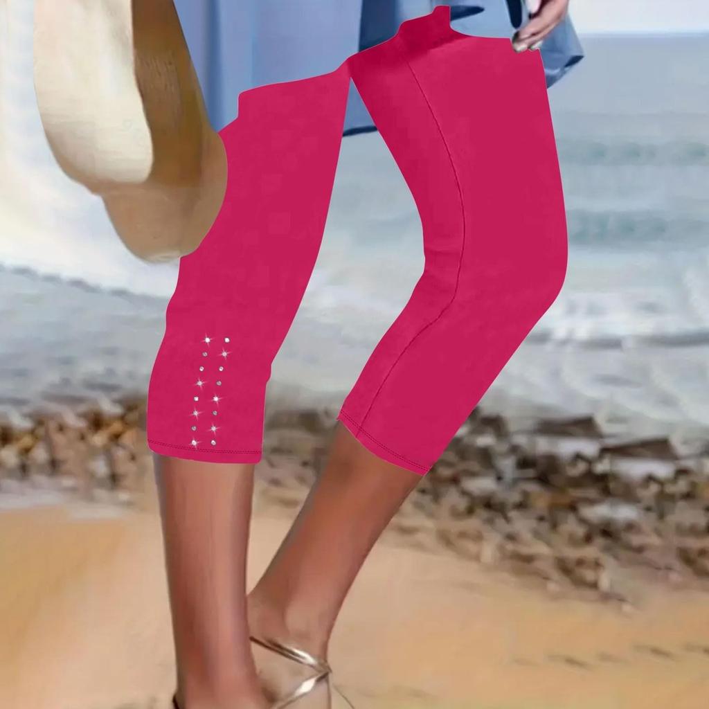 Women's Mid-waist Elastic Solid Color Cropped Pants Tight Fitting Fashionable Sexy Bright Diamond Casual Pants