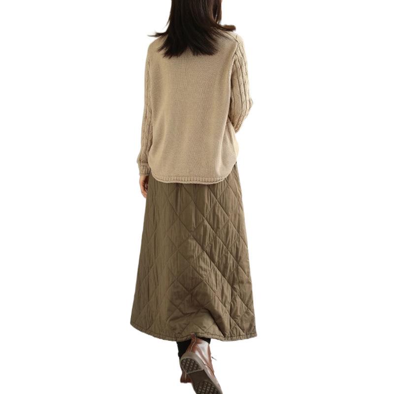 Vintage Diamond-Quilted Padded Winter Skirt with Pockets - Slimming, Warm, and Versatile Cotton Half Skirt for Women