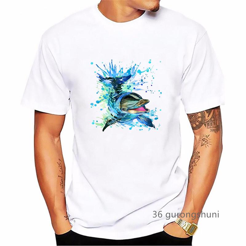Watercolor Dolphins And Sharks Print T Shirt MenS Clothing Summer Fashion White Tshirt Homme Harajuku Shirt